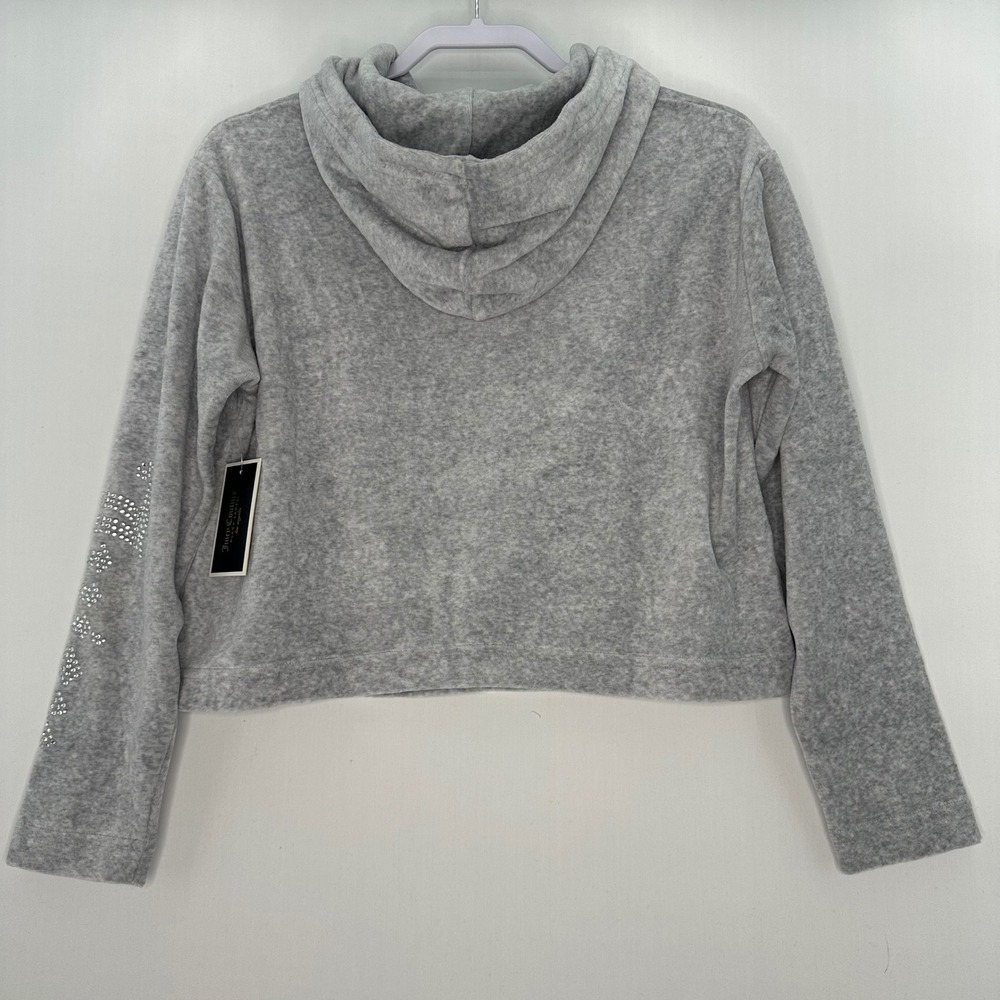Juicy Couture Black Label Grey Velour Hoodie Pullover Rhinestone Size S Gothic - Picture 2 of 9